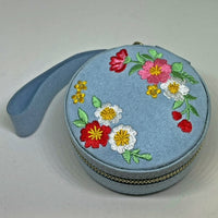 Embroidered Flowers Mini Round Velvet Jewellery Case