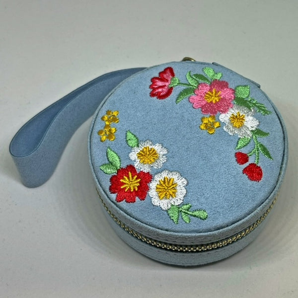 Embroidered Flowers Mini Round Velvet Jewellery Case