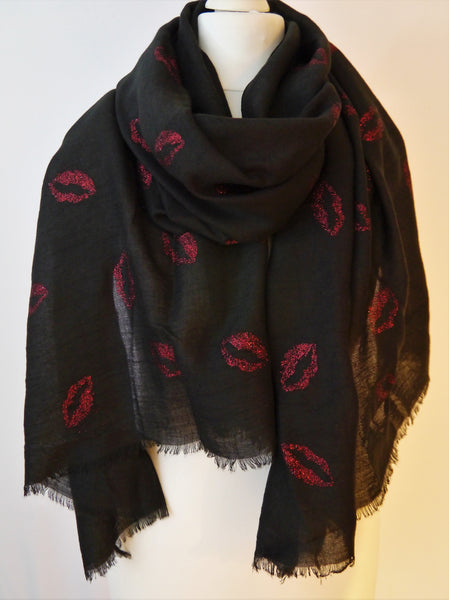 Red Glitter Kisses Frayed Edge Scarf