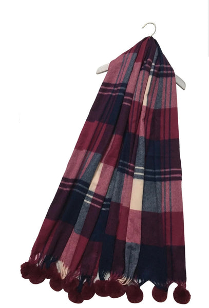Tartan Wool Blanket Tassel & Pom Pom Scarf